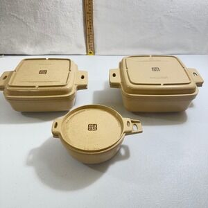 Littonware Vintage Microwave Roaster Casserole Dish Set Beige Speckled Set of 3
